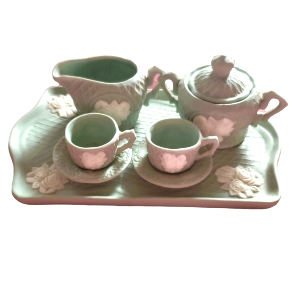 Vintage Little Girls Collectable Miniature Tea Party Set Sea Green Bisque Rose